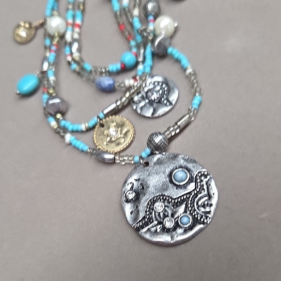 Boho Style Turquoise and Silver Multi-Strand Necklace Adjust 35 -38" - Picture 5 of 7